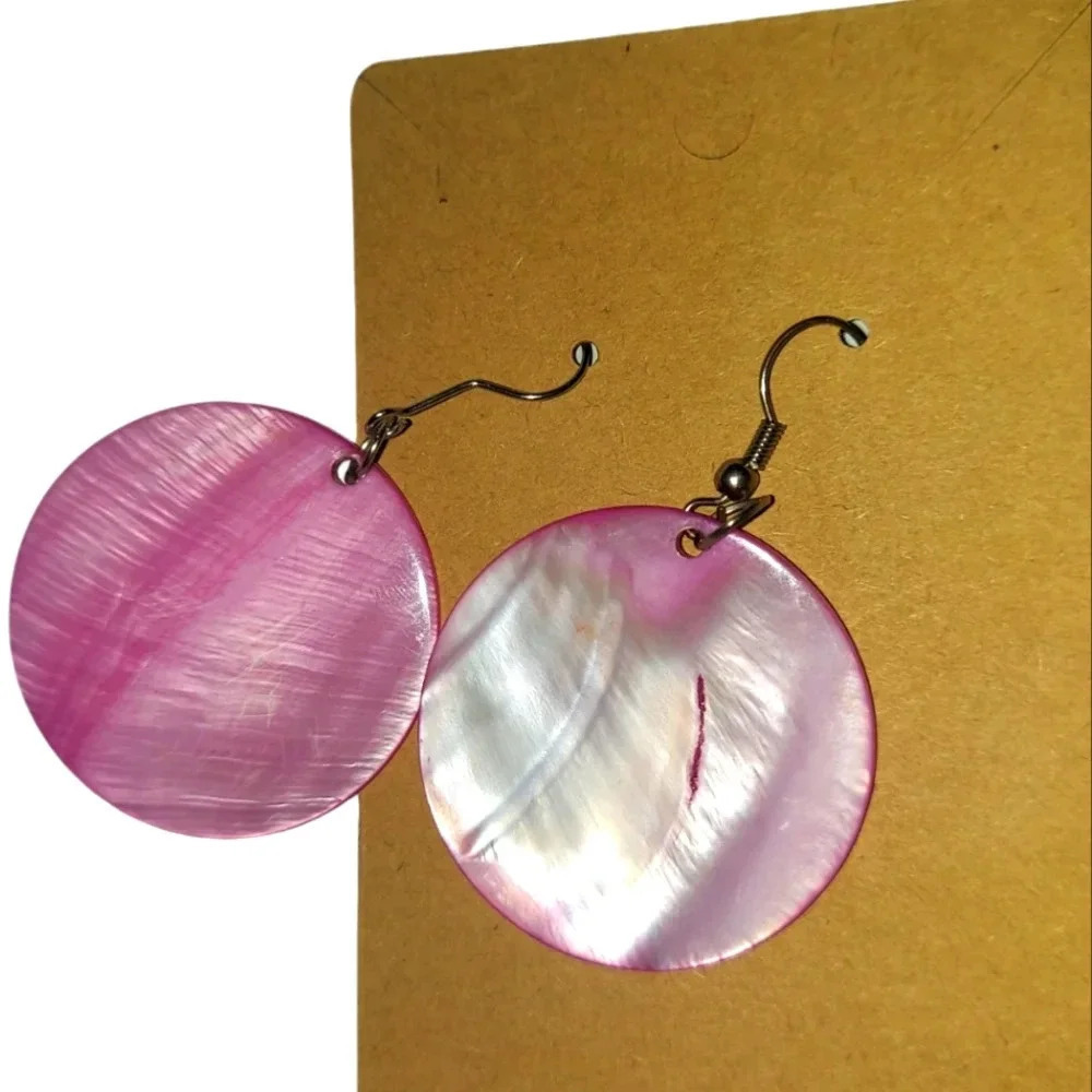 Vintage Pink Shell Fishhook Earrings - Picture 2 of 3